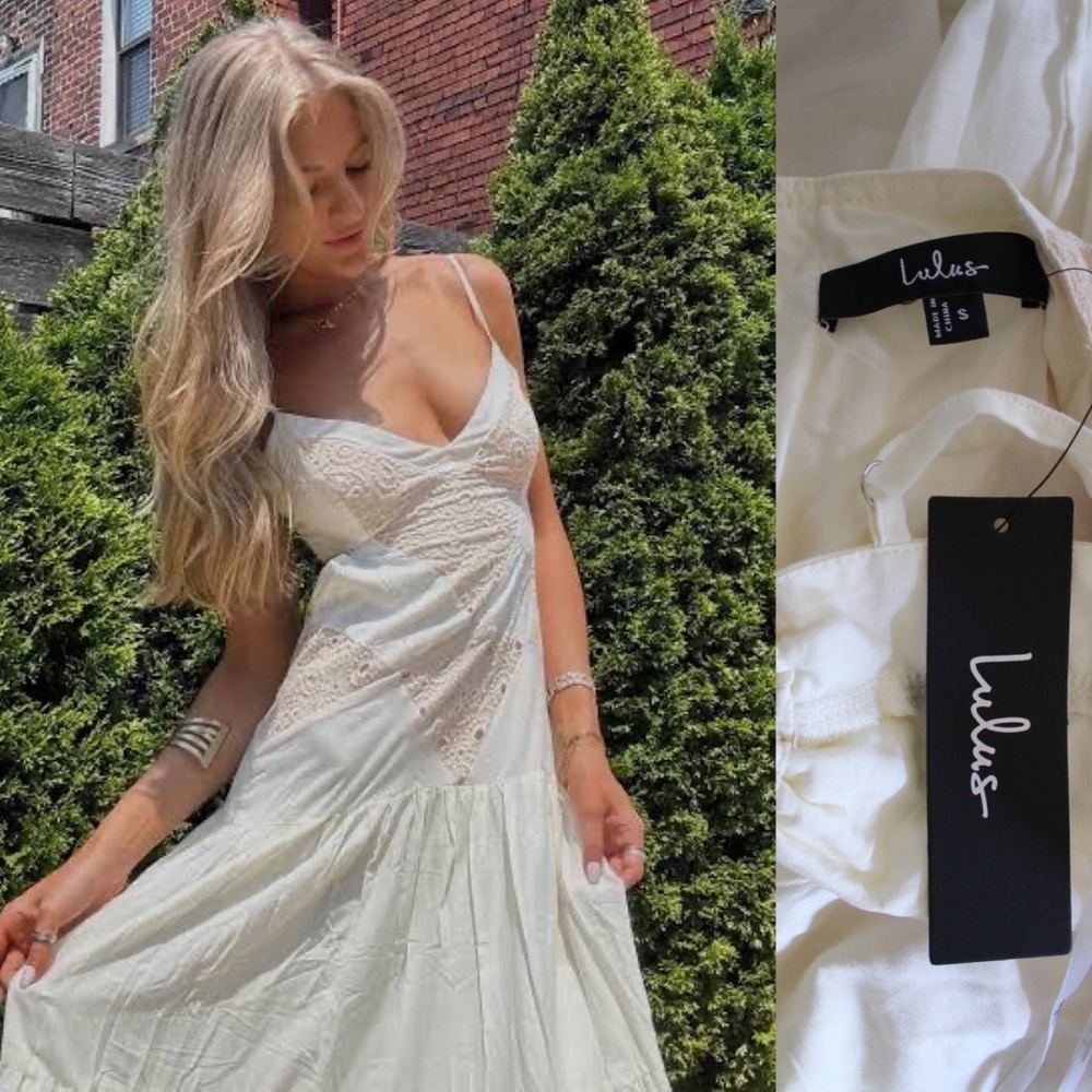 Lulus Maisha Ivory and Beige Embroidered Drop Waist Maxi Dress Brand New Small